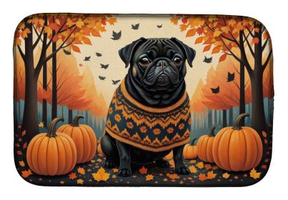 Black Pug Fall Dish Drying Mat Absorbent Dish Drying Mat Pad for Kitchen Counter Dish Drainer Mat for Countertop, 14 x 21", Multicolor