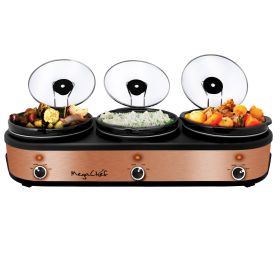MegaChef Triple 2.5 Quart Slow Cooker and Buffet Server in Brushed Copper and Black Finish with 3 Ceramic Cooking Pots and Removable Lid Rests